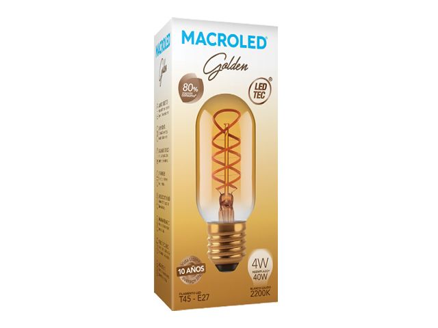 Lamp. Led T45 Golden filamento 4w E-27          MACROLED en Lampara Led Filamento | Electroluz Miramar
