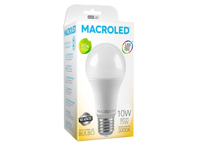 Lamp. Led 10w bulbo A60 luz calida E-27        MACROLED en Lampara Led Bulbo | Electroluz Miramar