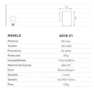 Artefacto de Exterior Cuadrado Unidireccional Blanco MACROLED AECB-X1