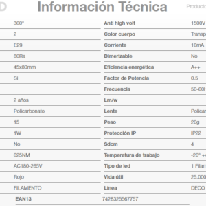 Lámpara LED S14 1W Filamento Rojo E27 220V MACROLED BFS14-1R