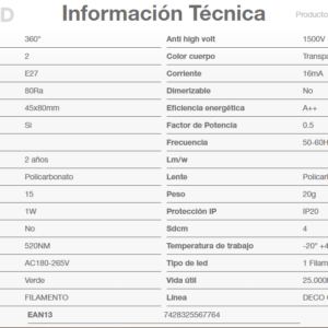 Lámpara LED S14 1W Filamento Verde E27 220V MACROLED BFS14-1V