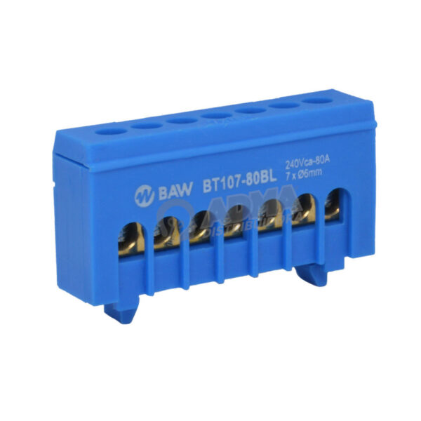Barra Aislada de 7 Tomas para Riel DIN Azul 80A BAW BT107-80BL