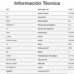 Lámpara LED S14 1W Filamento Blanco Cálido E27 220V MACROLED BFS14-1WW