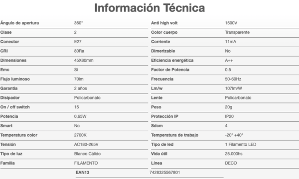Lámpara LED S14 1W Filamento Blanco Cálido E27 220V MACROLED BFS14-1WW - Image 2