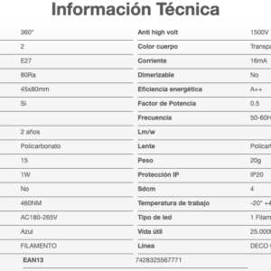 Lámpara LED S14 1W Filamento Azul E27 220V MACROLED BFS14-1A