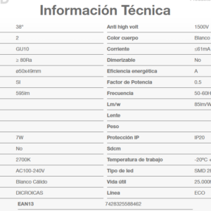 Lampara Led dicro Gu10 7w 220v 38* luz calida. PVCB-7W-38D-WW