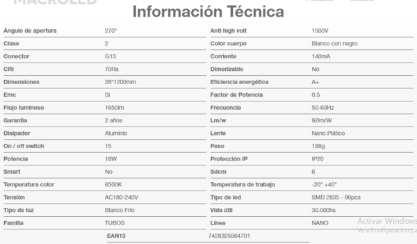 Tubo LED T8 18W 220V Luz Fría 1200mm Nano Plástico MACROLED TNL-T8120CW - Image 2