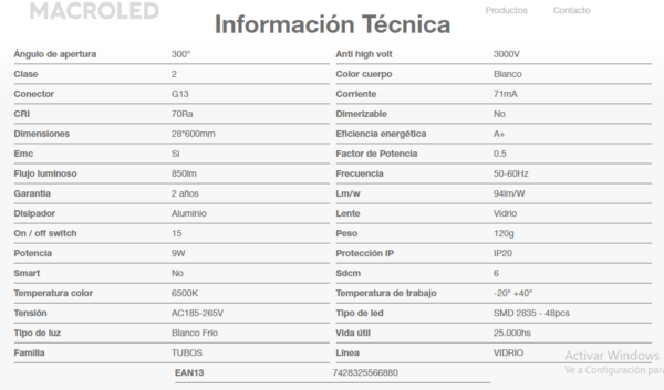 Tubo LED T8 9W 220V Luz Fría 600mm Vidrio MACROLED TL-T8060CW - Image 2