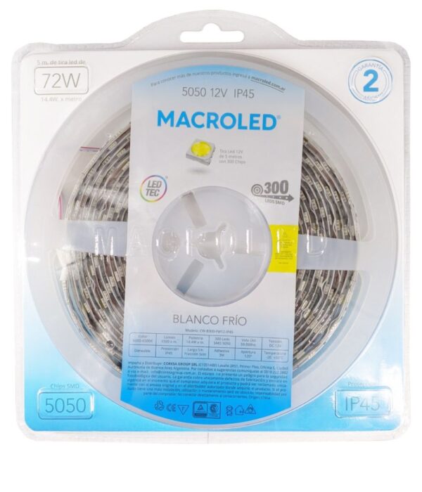 Cinta de Led 5050 x 5mts exterior IP45 (14.4w/mt) Blanco frio. CW-B300-FW12-IP66