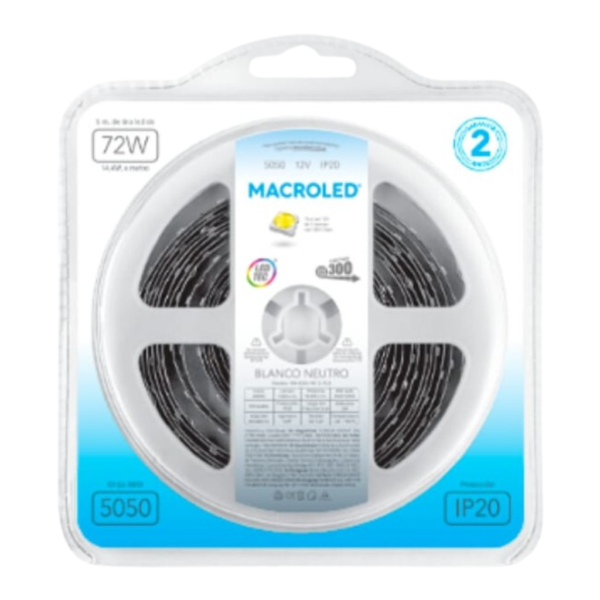 Cinta de Led 5050 x 5mts interior (14.4w/mt) bl. neutro NW-B300-FW12-IP20 MACROLED