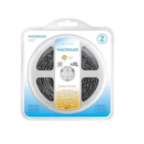 Cinta de Led 5050 x 5mts interior (14.4w/mt) Blanco calido IP20 WW-B300-FW12-IP20 MACROLED