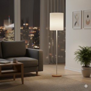 Lámpara de Pie Nórdica en Madera Paraíso con Pantalla de Lino