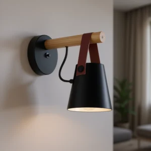 Aplique 1 Luz Campana de Chapa Negra con Detalle en Cuero