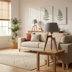 Velador Plegable en Madera Paraíso con Pantalla de Arpillera Gris