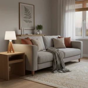 Velador Trípode de Madera Paraíso con Pantalla de Lino Blanca