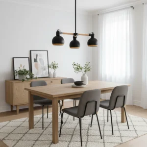 Araña de 3 Luces en Madera y Metal Negro