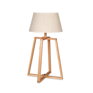 Lámpara de Mesa Cruz en Madera Paraíso con Pantalla de Arpillera