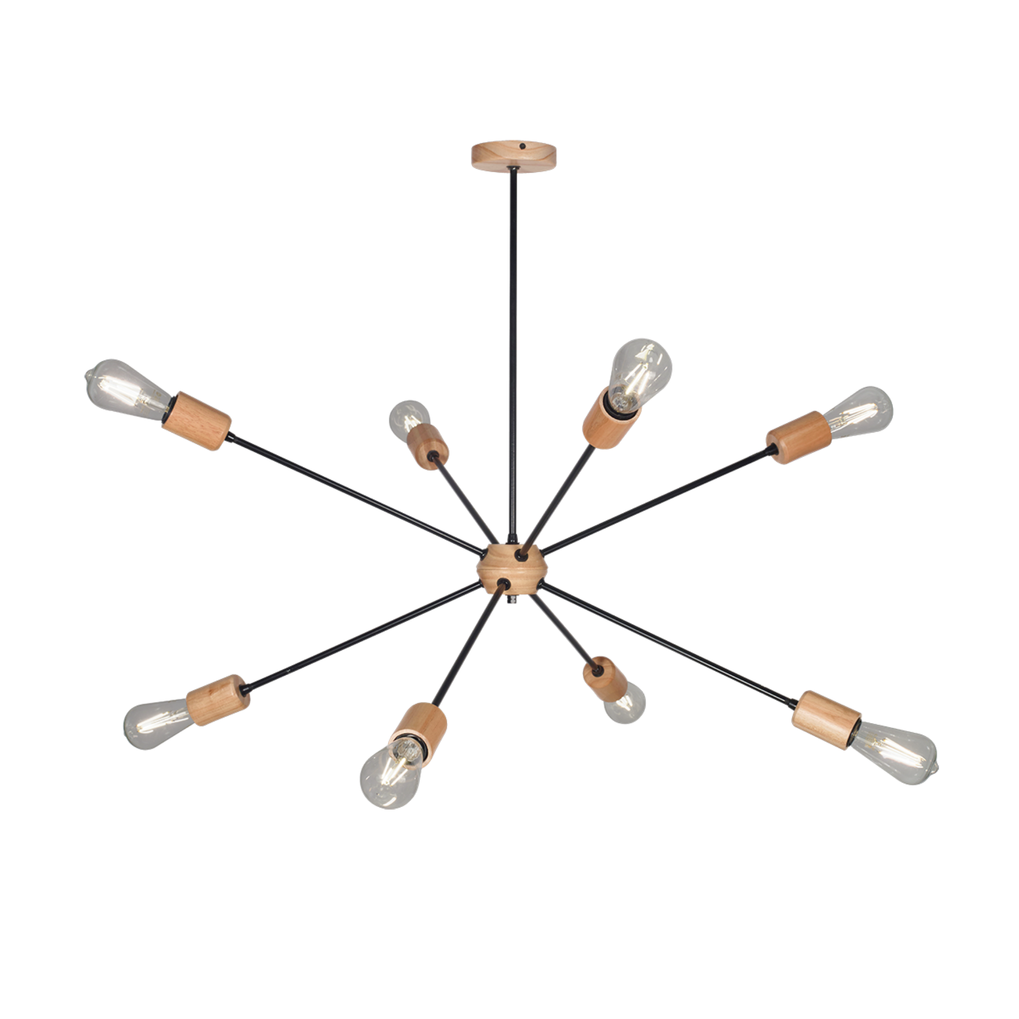 Colgante de 8 Luces en Metal Negro con Detalles en Madera Paraíso