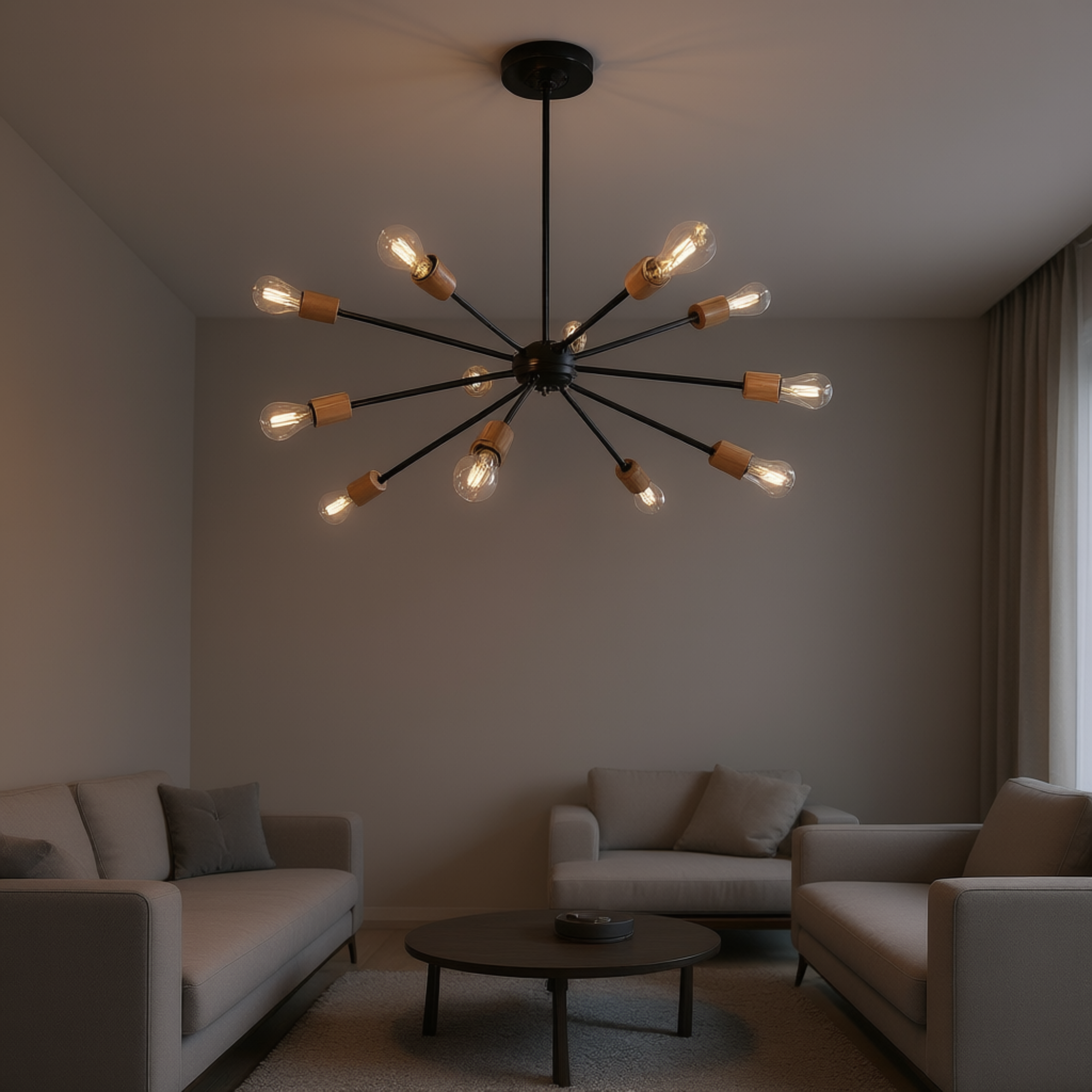 Colgante de 8 Luces en Metal Negro con Detalles en Madera Paraíso - Image 2