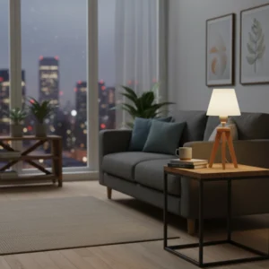 Lámpara de Mesa en Madera Paraíso con Pantalla de Lino Blanca