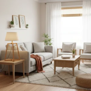 Lámpara de Mesa Cruz en Madera Paraíso con Pantalla de Arpillera