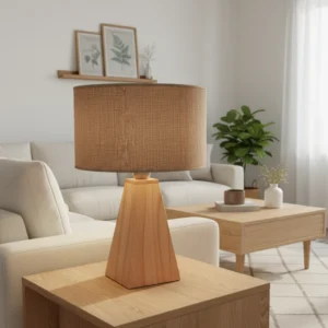 Lámpara de Mesa en Madera Paraíso con Pantalla de Arpillera Marrón