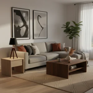 Lámpara de Mesa de Pino Color Wengue con Pantalla de Lino