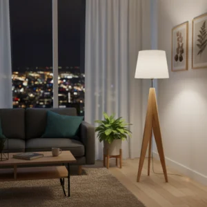 Lámpara de Pie Patas Unidas en Pino Natural con Pantalla de Lino