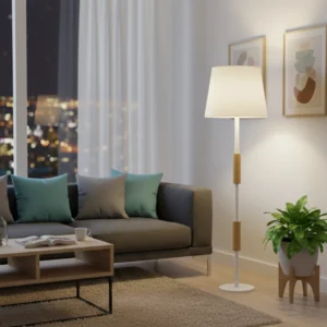 Lámpara de Pie en Madera Paraíso con Detalles y Pantalla Blanca