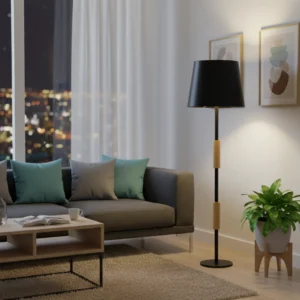 Lámpara de Pie en Madera Paraíso con Detalles y Pantalla Negra