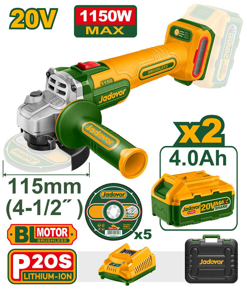 Amoladora Angular Inalámbrica 20V 9000 RPM (Kit con 2 Baterías) Jadever JDLAPB522-4